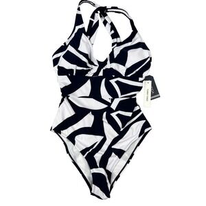Nautica Womens Large‎ Swimsuit Tummy Toner Halter Crisscross Navy White NWT